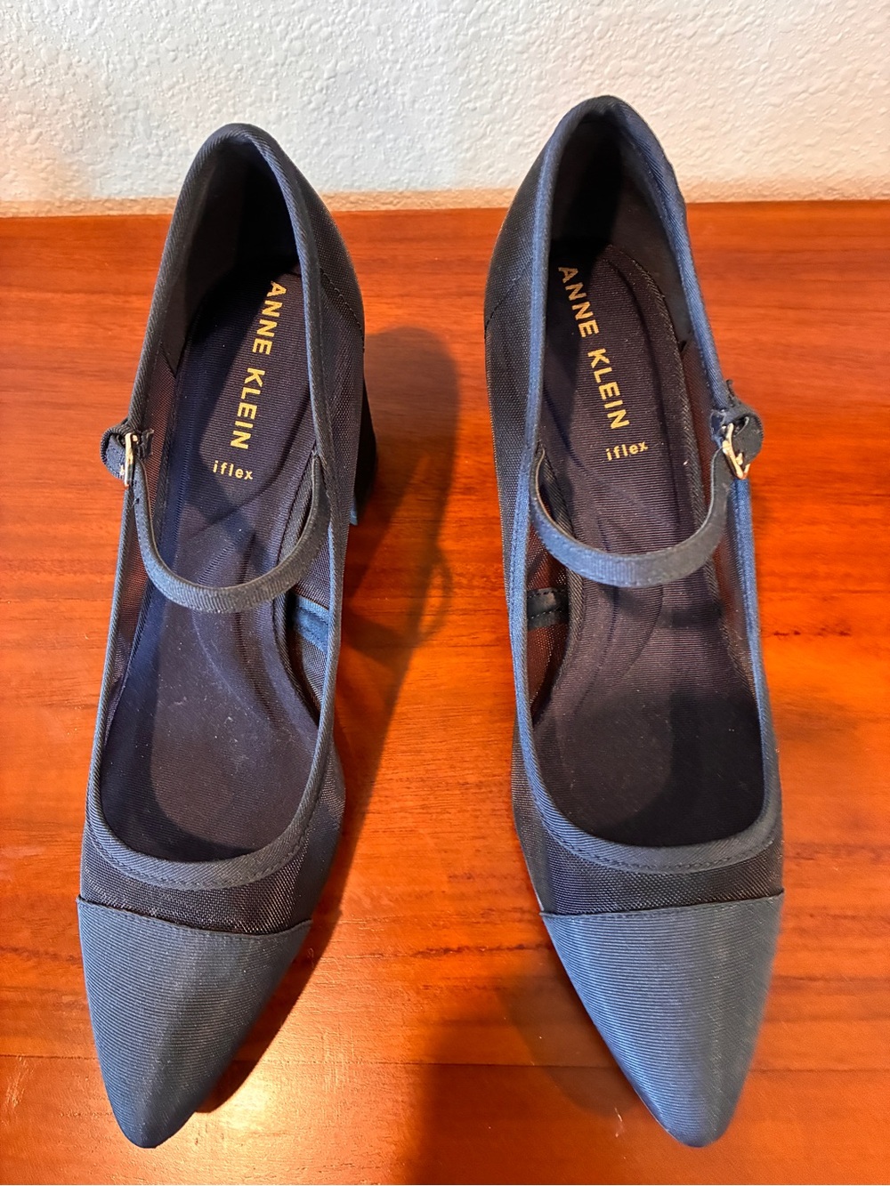 Anne Klein Mesh / Silk Navy Blue Mary Jane Block Heel Pumps - Picture 3 of 4